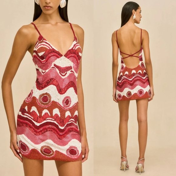 cult gaia Dresses & Skirts - CULT GAIA Sasha Beaded Multi Wave Print Mini Dress Pink Red NWT Small